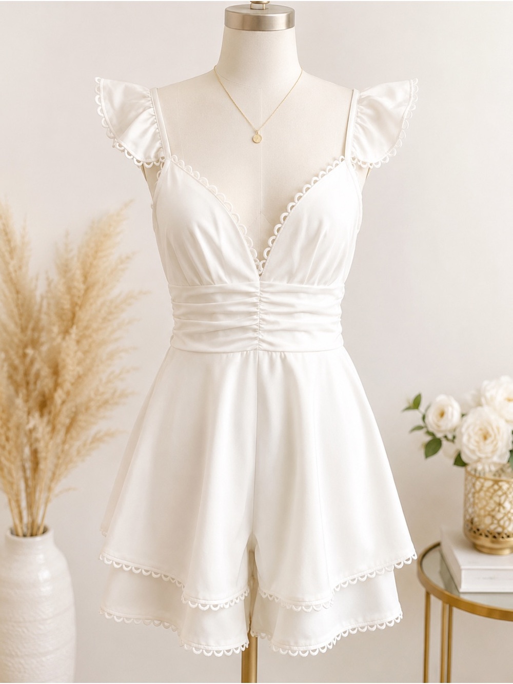 Altar’d State White Satin Flutter Sleeve Romper Size Large EUC - Picture 2 of 10